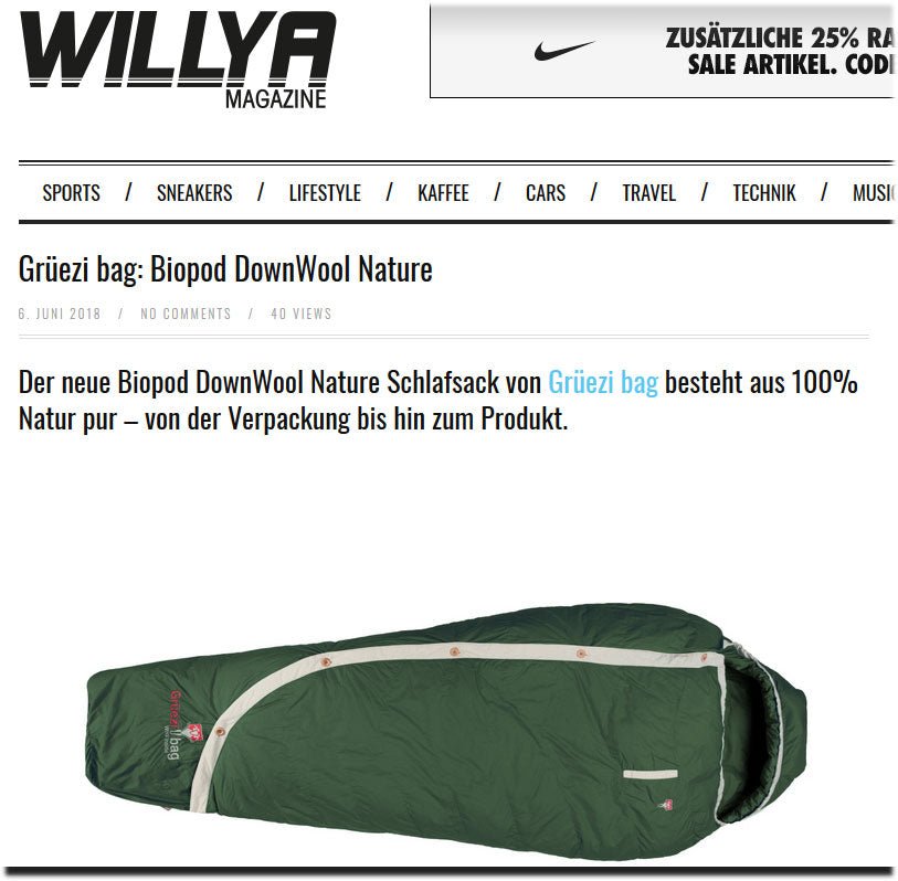 Neueste Erfindung: Grüezi bag "Biopod DownWool Nature" im WILLYA Magazin veröffentlicht!