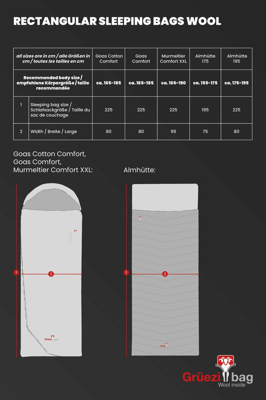 Size chart sleeping bags wool